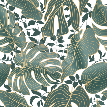 Floral leaves seamless pattern. Foliage garden background. Floral ornamenal tropical nature summer palm leaves decorative retro style wallpaper