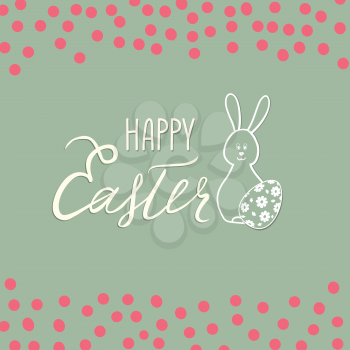Happy Easter greeting card. Spring holiday background with rabbit bunny and handwritten lettering HAPPY EASTER over line drawn Easter icons eggs and retro background.