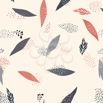 Floral dotted seamless pattern with autumnal leaves and flowers. Fall nature ornamental drawn texture. Flourish garden abstract backdrop with chaotic dots. Hand drawn dotted background for fabric, gift wrap, wall art design