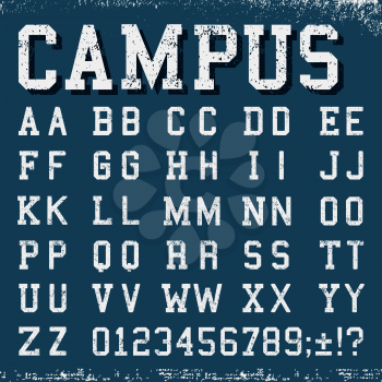 Grunge alphabet vintage template font. Letters and numbers grunge design. Vector illustration.