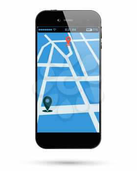 Smart phone map location. Smartphone location mark map. Mobile phone location point. Vector illustration.