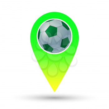 Soccer ball with navigation pointer icon. Colorful location mark icon. Vector illustration