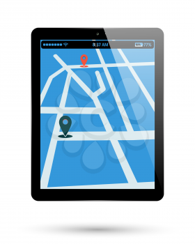 Tablet map location. PC Tablet location mark map. Computer pad location point. Vector illustration.