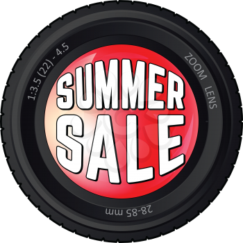 Camera Lens with Summer Sale sign. Vector design.