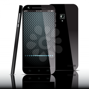 Realistic black smartphone front, side and back view. Vector illustration.