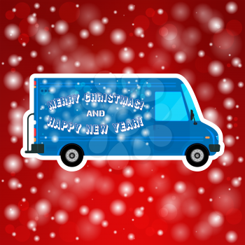 Christmas Happy New Year delivery bus isolated. Abstract snowflakes background. Vector illustration.