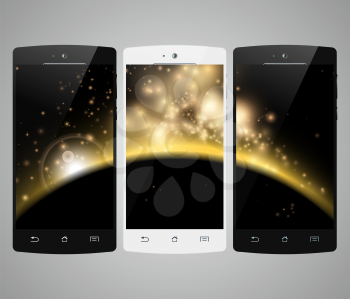 Smartphones set. Smart phone isolated with abstract screen savers. Mobile phone realistic design. Vector illustration. 