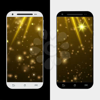 Black and white smart phones with gold star screen saver. Two smartphone isolated. Vector illustration.