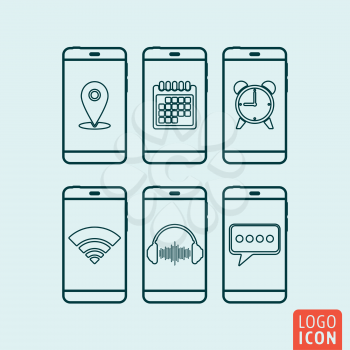 Smartphone icon. Smartphone symbol. Smartphones with various icons isolated. Vector illustration