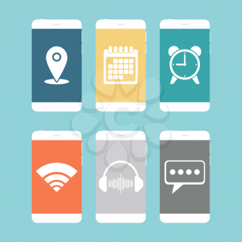 Smartphones with various icon flat design. Vector illustration.