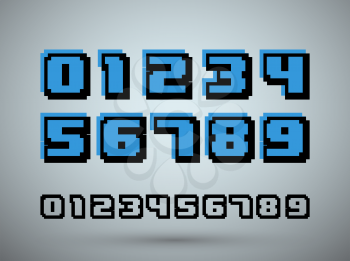 Pixel font alphabet, old video game design. Numbers 0 1 2 3 4 5 6 7 8 9. Vector illustration.