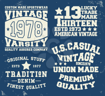 T-shirt print design. Set vintage stamp. Printing and badge applique label t-shirts, jeans, casual wear. Vector illustration.