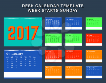 Year 2017 calendar simple design. Week start sunday. Vector illustration