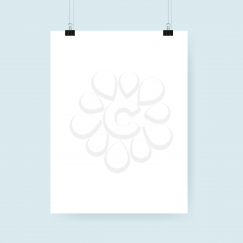Blank white poster with binder clips. Vector illustration.