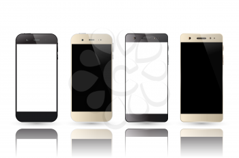 Smartphones with blank screens isolated on white background. Mobile phone mockup design. Vector illustration.