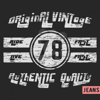 T-shirt print design. Ride fast vintage stamp. Printing and badge applique label t-shirts, jeans, casual wear. Vector illustration.