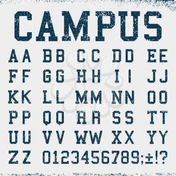 Alphabet font template. Vintage letters and numbers college campus design. Vector illustration.
