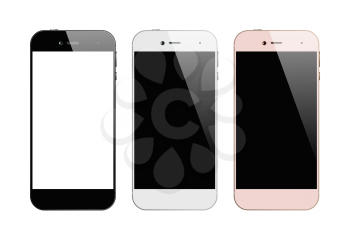 Three colors smartphones isolated on white background. Mobile phone with blank screen. Cell phone mock up design. Vector illustration.