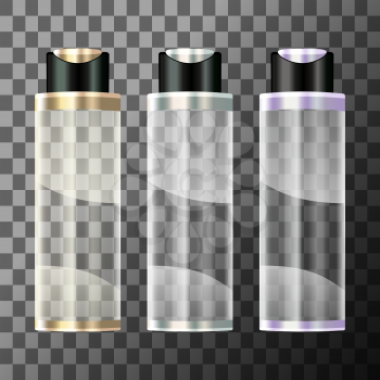Cosmetic bottle on transparent background. Colored bottles for gel, lotion, cream, shampoo and conditioner. Vector illustration.