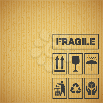 Package handling labels on cardboard background. Fragile, this side up, glass, keep dry, keep clean, recycling, handle with care symbol. Vector illustration.