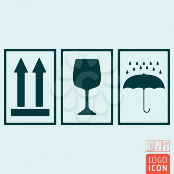 Handle with care icons. Package handling labels. This side up, fragile, keep dry symbol. Vector illustration.