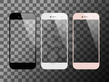 Smartphones with transparent screen. Mobile or cell phone mock up design. Vector illustration.
