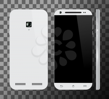 Realistic white smartphone with blank screen. Front, back and side view. Cell phone mockup design. Mobile phone vector illustration.