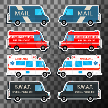 Various city urban traffic vehicles - mail delivery, fire department, police swat bus and ambulance truck. Set of service vans. Vector illustration.