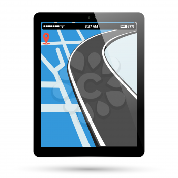 Tablet map location. PC tablet screen with gps navigation, pin pointer and road. Computer pad location point display. Vector illustration.
