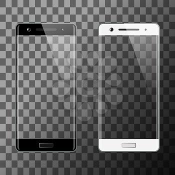 Black and white smartphone. Mobile smart phone with transparent screen. Cell phone mockup design. Vector illustration.