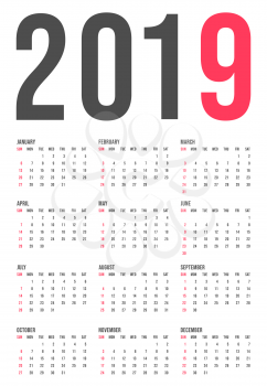 2019 year calendar template, minimal pocket square. Week start sunday. Vector illustration