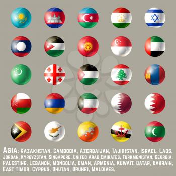 Asia flags - part 2. Glossy round button flag set. Vector illustration.