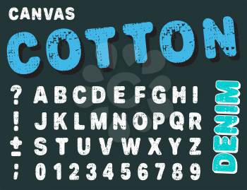 Canvas design numbers and letters. Cotton font alphabet template. Vector illustration.