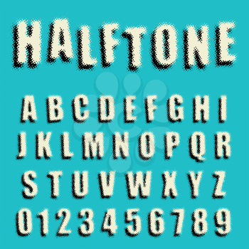 Alphabet font template. Set of letters and numbers dotted halftone design. Vector illustration.