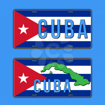 Cuba car number plate. Vehicle registration plates with Cuban flag. Vector illustration.