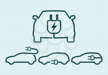 Electric car icon set. Electrical cable plug charging vehicle symbol. Vector illustration.