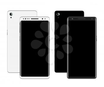 Smartphones front and back view isolated on white background. Mobile phone with blank screen. Cell phone mockup design. Vector illustration.