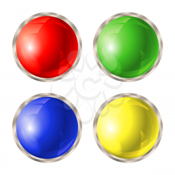 Set of colored buttons with silver metallic border isolated on white background. Vector illustration.