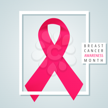 Pink ribbon with frame. Breast cancer awareness month poster template. Vector illustration.