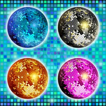 Blue, gold, silver and pink disco ball. Set of colorful disco mirror ball isolated, design for party flyer, cover brochures or poster. Vector illustration.