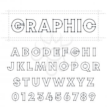 Graphic alphabet font template. Letters and numbers line design. Vector illustration.