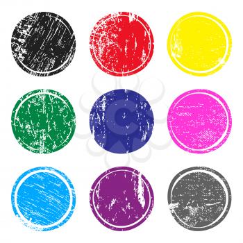 Set of multicolored post stamps with grunge texture. Blank circle stamp template for logo, badge, insignia or label. Vector illustration.