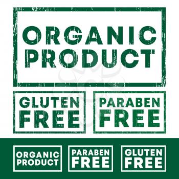 Set of Organic product, Gluten and Paraben free stamp with grunge texture and clear design. Vector illustration.