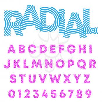 Radial alphabet font. Letters and numbers circular line design. Vector illustration.