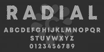 Alphabet letters and numbers of radialr design. Round lines font template. Vector illustration.