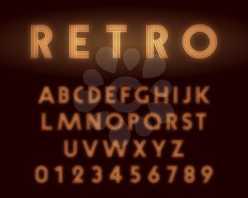 Retro neon alphabet font. Letters and numbers line design. Vector illustration.