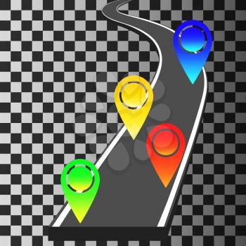 Navigation template with colored pin pointers and winding road. Vector illustration.