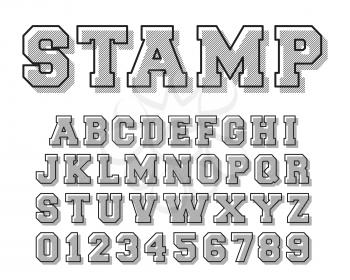 Stamp alphabet font template. Letters and numbers hatch line design. Vector illustration.