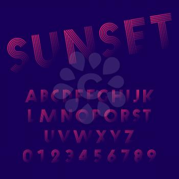 Sunset alphabet font template. Set of letters and numbers line design. Vector illustration.