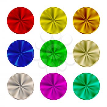 Steel round buttons set. Template of a blank colored metallic button. Vector illustration.